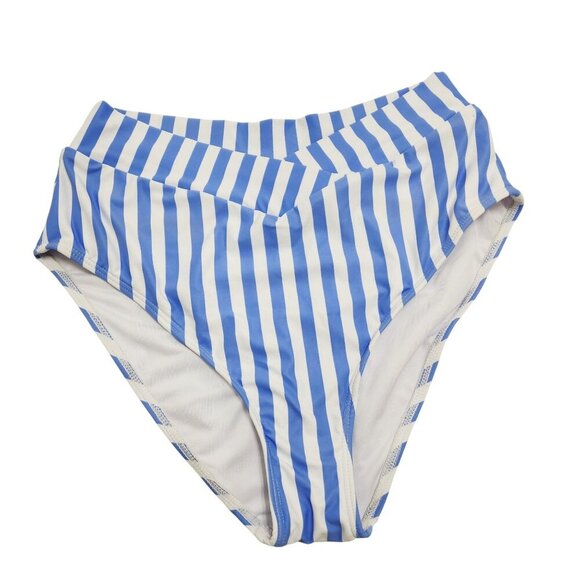 Blue White Striped Bikini Set Scoop Neck Top High Waist Bottoms Size M Tempt Me - Picture 4 of 6
